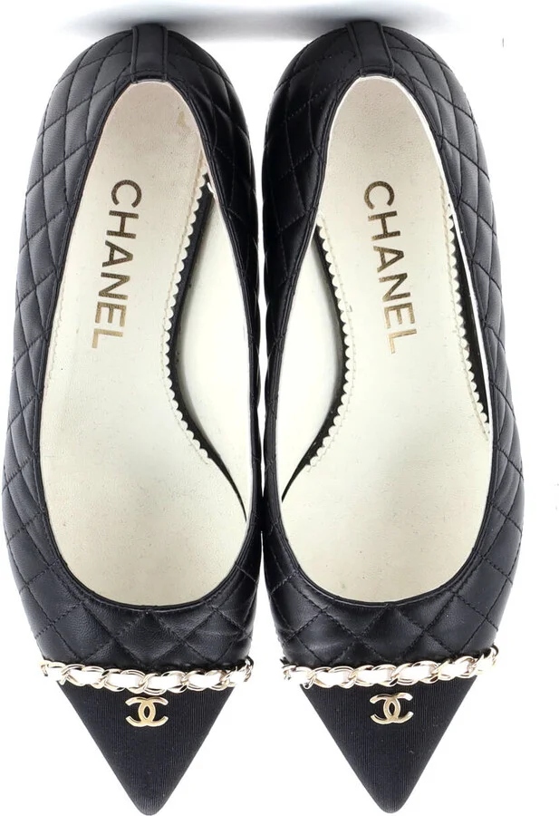 CHANEL Women's CC Chain Pointed Cap Toe Pumps Quilted Leather with Grosgrain - Image 2