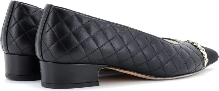 CHANEL Women's CC Chain Pointed Cap Toe Pumps Quilted Leather with Grosgrain - Image 3