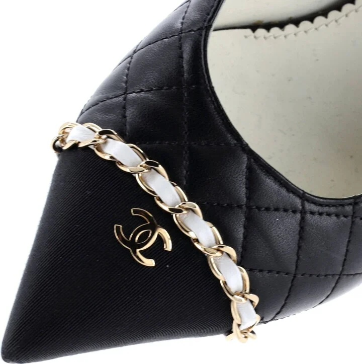 CHANEL Women's CC Chain Pointed Cap Toe Pumps Quilted Leather with Grosgrain - Image 5