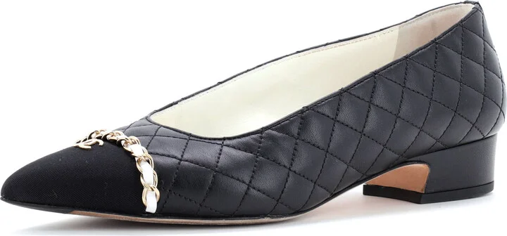 CHANEL Women's CC Chain Pointed Cap Toe Pumps Quilted Leather with Grosgrain