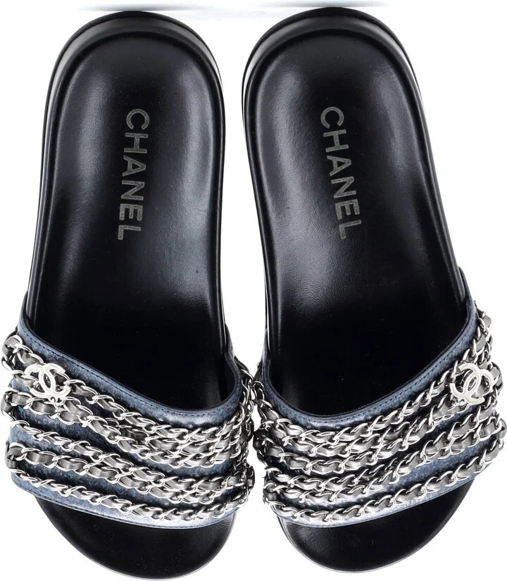 CHANEL Women's CC Chain Slide Sandals Leather and Metal - Image 2