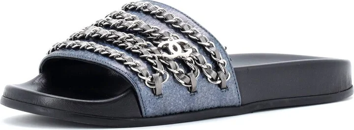 CHANEL Women's CC Chain Slide Sandals Leather and Metal