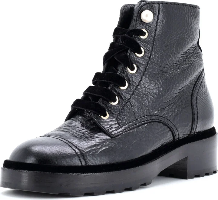 CHANEL Women's CC Combat Boots Crumpled Calfskin with Faux Pearls