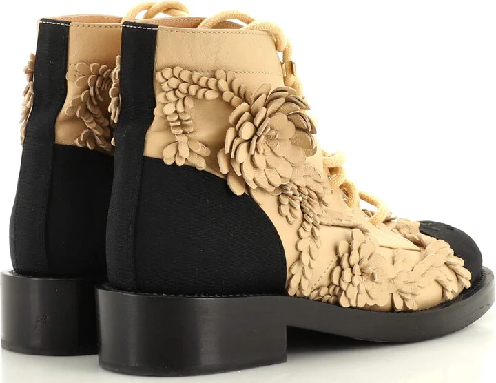 CHANEL Women's CC Flowers Combat Boots Leather with Applique and Grosgrain - Image 3