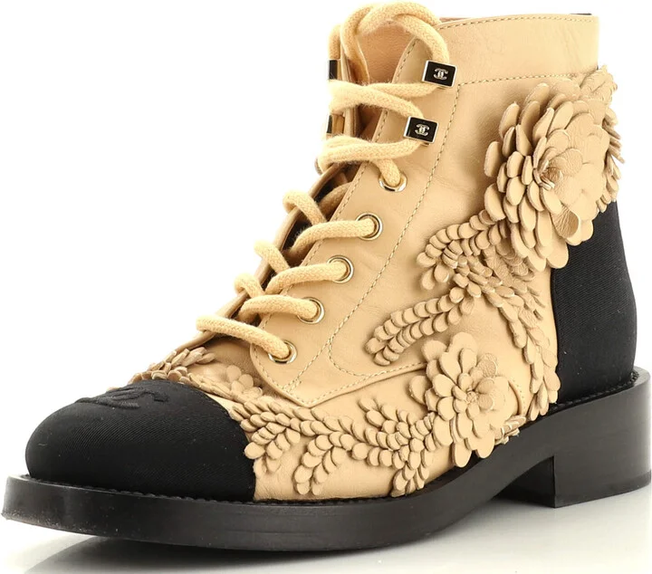 CHANEL Women's CC Flowers Combat Boots Leather with Applique and Grosgrain