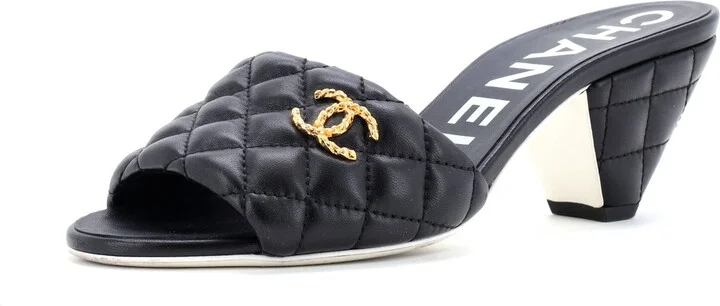 CHANEL Women's CC Heeled Mule Sandals Quilted Leather