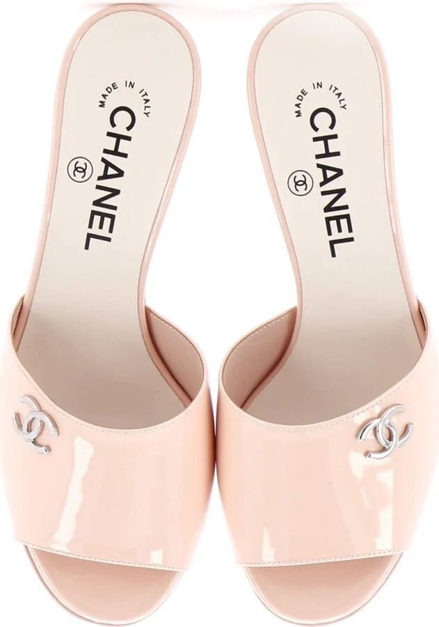 CHANEL Women's CC Heeled Mules Patent with Faux Pearls - Image 2