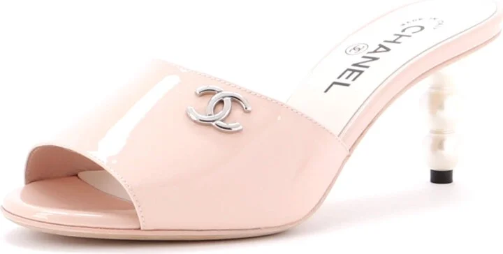 CHANEL Women's CC Heeled Mules Patent with Faux Pearls