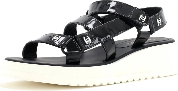 CHANEL Women's CC Logo Strappy Slingback Platform Sandals Patent