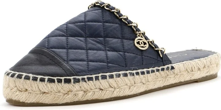 CHANEL Women's CC Mule Espadrilles Embossed Leather