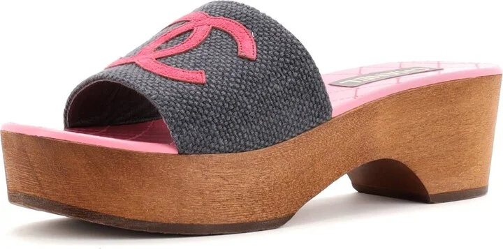 CHANEL Women's CC Mule Sandals Canvas and Wood