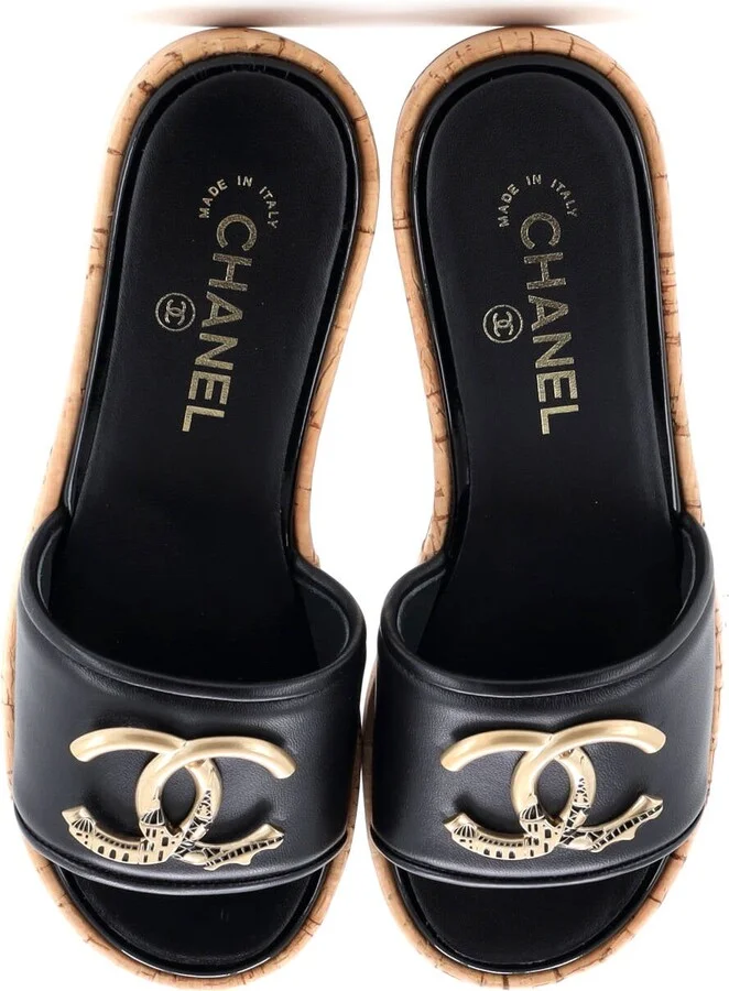 CHANEL Women's CC Mule Sandals Leather and Cork - Image 2