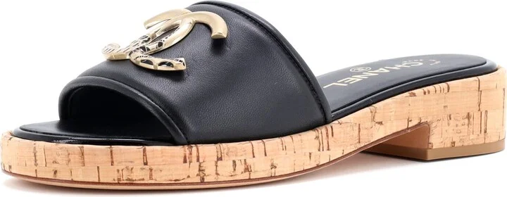 CHANEL Women's CC Mule Sandals Leather and Cork