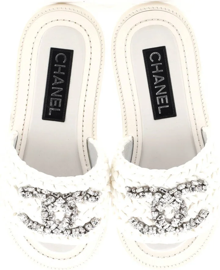 CHANEL Women's CC Slide Sandals Crystal Embellished Woven Raffia - Image 2