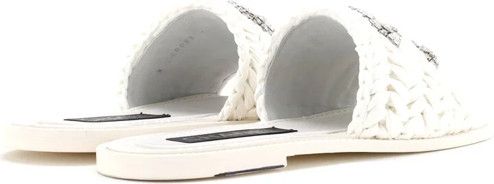 CHANEL Women's CC Slide Sandals Crystal Embellished Woven Raffia - Image 3