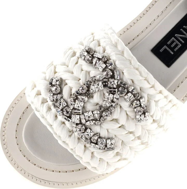 CHANEL Women's CC Slide Sandals Crystal Embellished Woven Raffia - Image 5