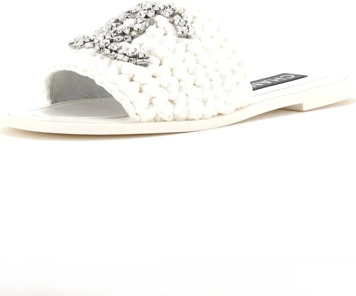 CHANEL Women's CC Slide Sandals Crystal Embellished Woven Raffia