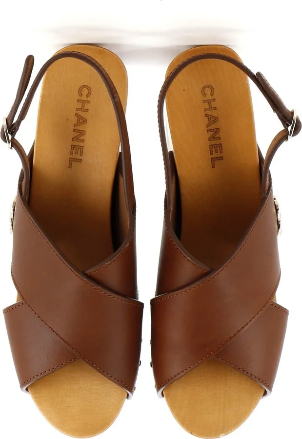 CHANEL Women's CC Slingback Platform Wedge Sandals Leather and Wood - Image 2