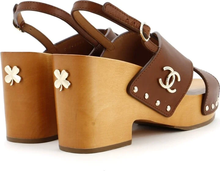 CHANEL Women's CC Slingback Platform Wedge Sandals Leather and Wood - Image 3