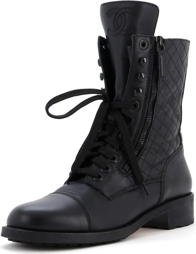 CHANEL Women's CC Zip Up Combat Boots Quilted Leather