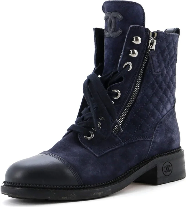 CHANEL Women's CC Zip Up Combat Boots Quilted Leather