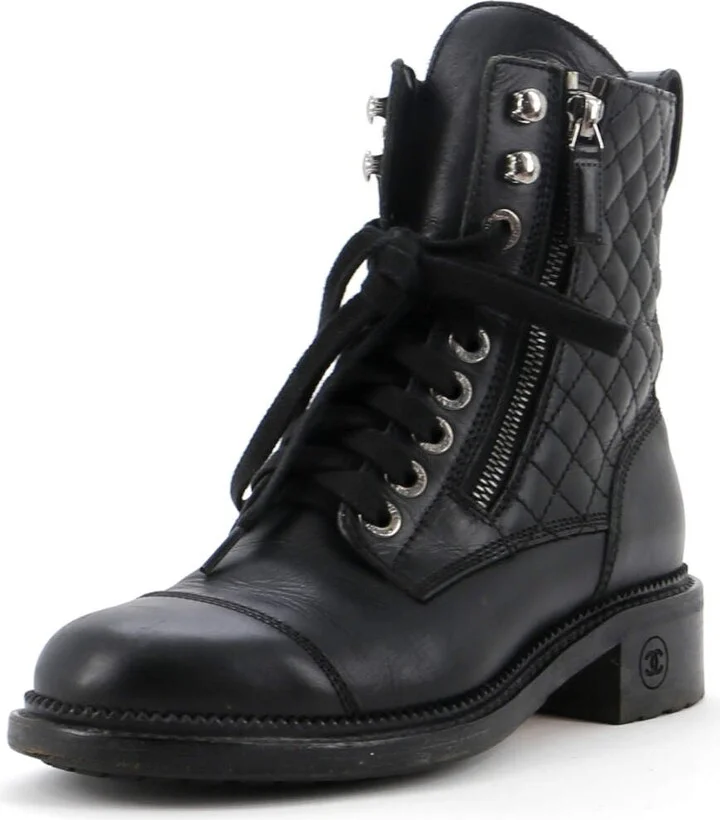 CHANEL Women's CC Zip Up Combat Boots Quilted Leather
