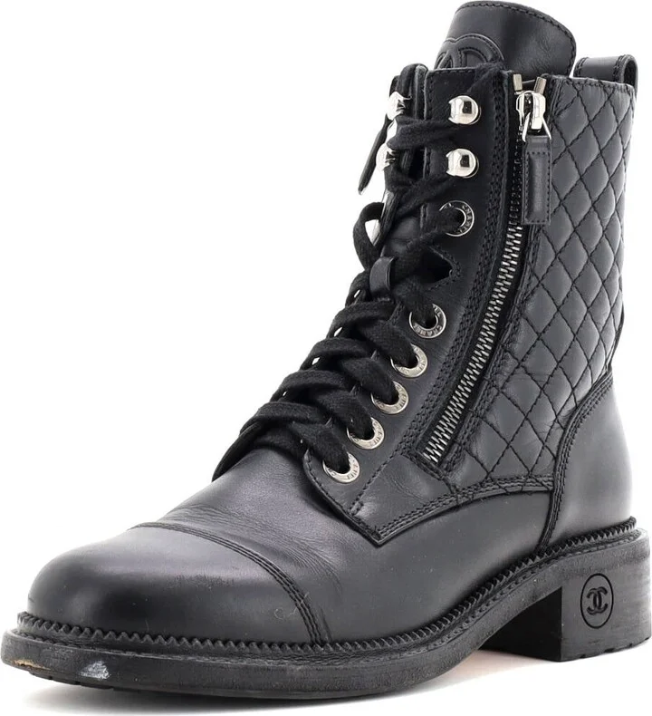 CHANEL Women's CC Zip Up Combat Boots Quilted Leather