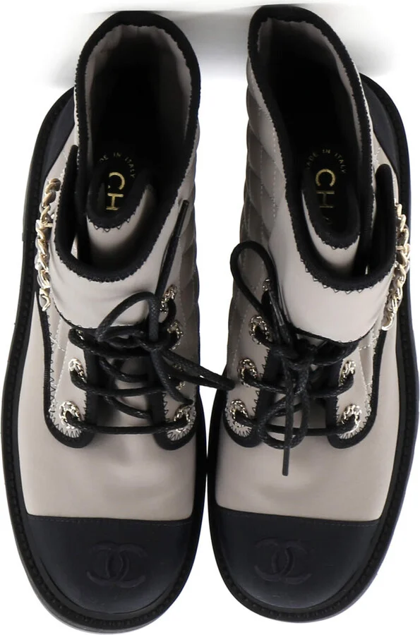 CHANEL Women's Chain CC Cap Toe Lace Up Combat Boots Quilted Fabric and Grosgrain - Image 2