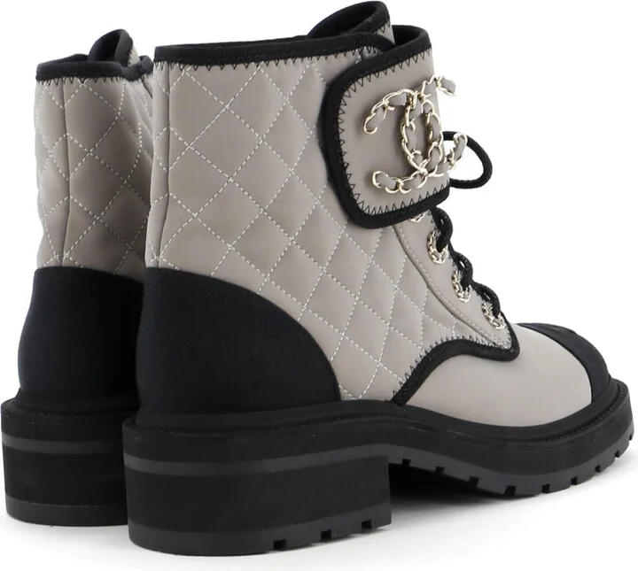 CHANEL Women's Chain CC Cap Toe Lace Up Combat Boots Quilted Fabric and Grosgrain - Image 3