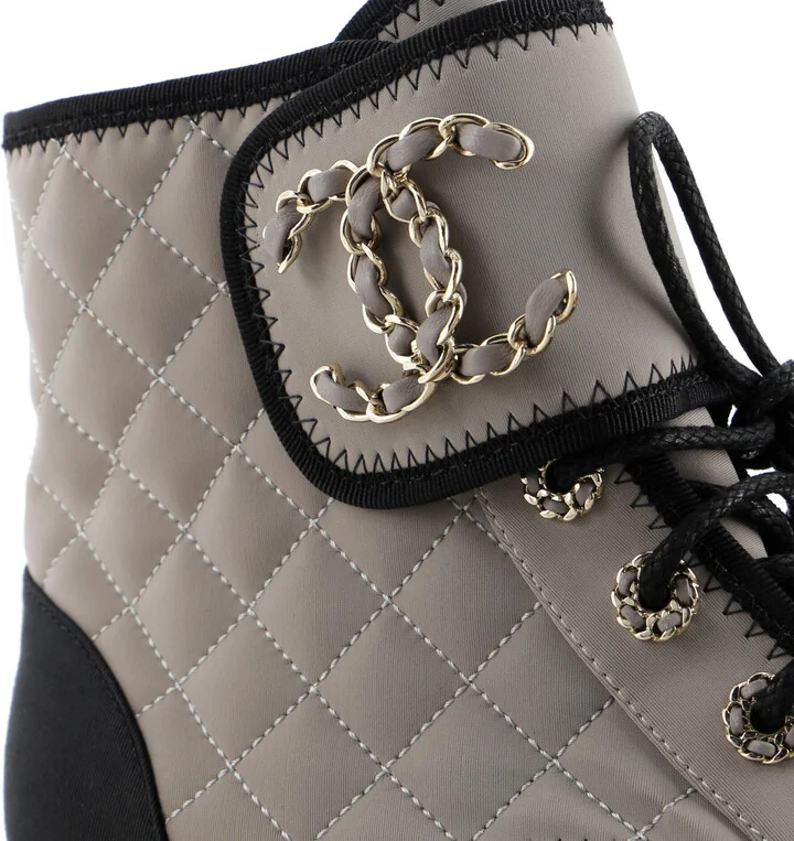 CHANEL Women's Chain CC Cap Toe Lace Up Combat Boots Quilted Fabric and Grosgrain - Image 5
