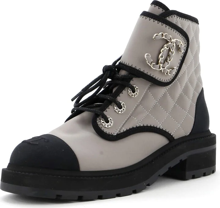 CHANEL Women's Chain CC Cap Toe Lace Up Combat Boots Quilted Fabric and Grosgrain