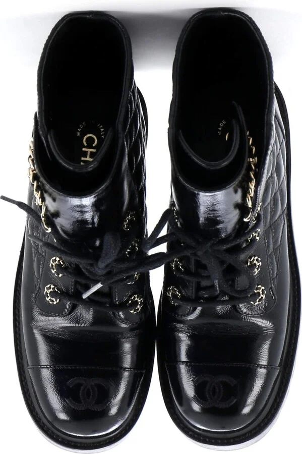 CHANEL Women's Chain CC Cap Toe Lace Up Combat Boots Quilted Shiny Calfskin - Image 2