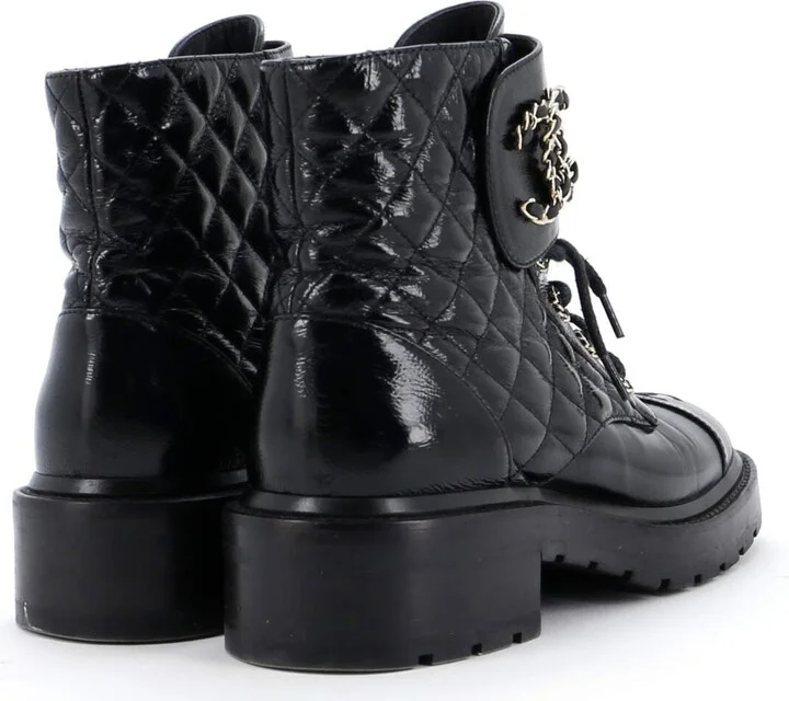 CHANEL Women's Chain CC Cap Toe Lace Up Combat Boots Quilted Shiny Calfskin - Image 3