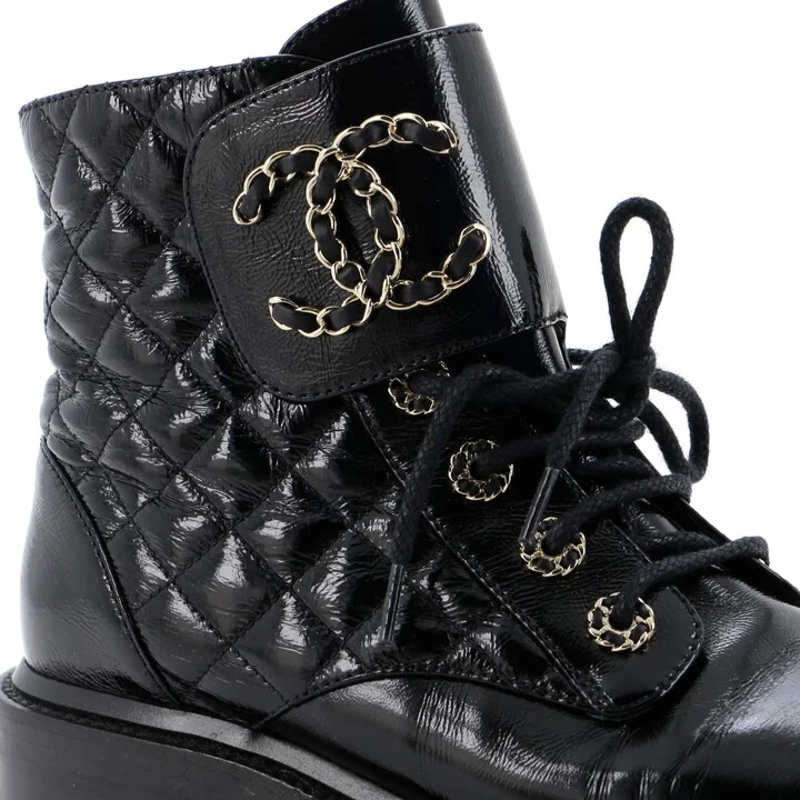 CHANEL Women's Chain CC Cap Toe Lace Up Combat Boots Quilted Shiny Calfskin - Image 5