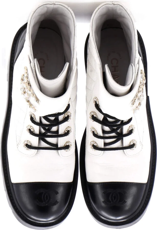 CHANEL Women's Chain CC Cap Toe Lace Up Combat Boots Quilted Shiny Calfskin - Image 2