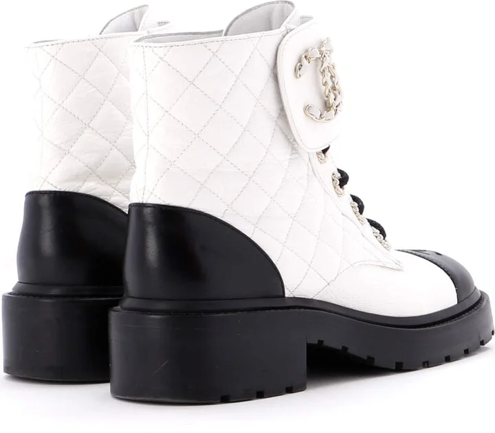 CHANEL Women's Chain CC Cap Toe Lace Up Combat Boots Quilted Shiny Calfskin - Image 3