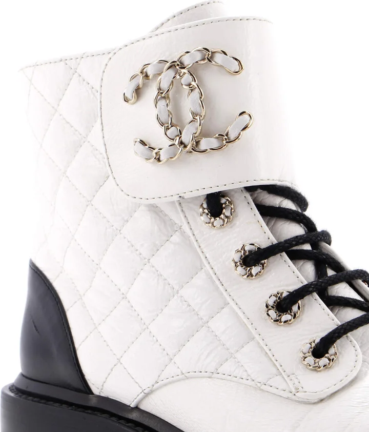 CHANEL Women's Chain CC Cap Toe Lace Up Combat Boots Quilted Shiny Calfskin - Image 5