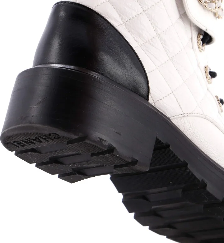 CHANEL Women's Chain CC Cap Toe Lace Up Combat Boots Quilted Shiny Calfskin - Image 6