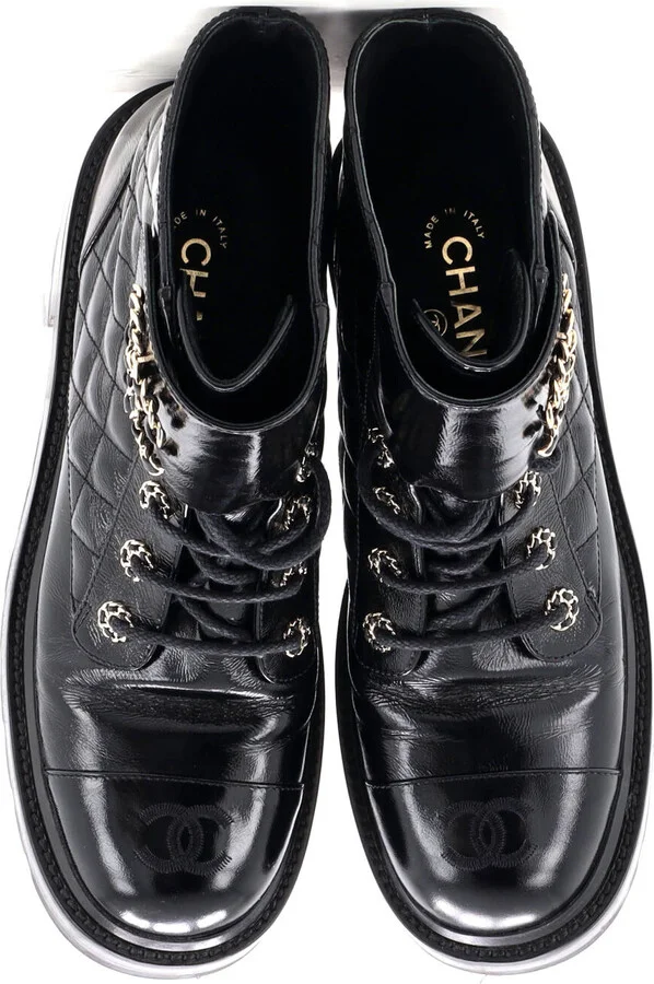 CHANEL Women's Chain CC Cap Toe Lace Up Combat Boots Quilted Shiny Calfskin - Image 2