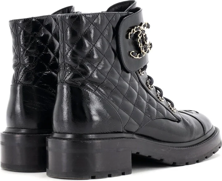 CHANEL Women's Chain CC Cap Toe Lace Up Combat Boots Quilted Shiny Calfskin - Image 3