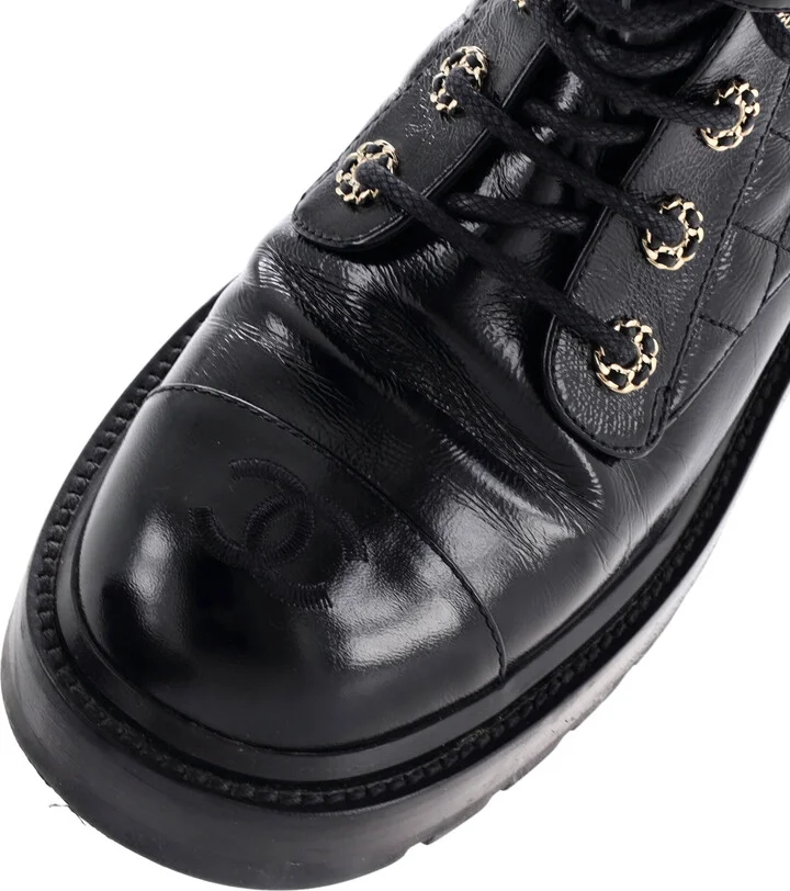 CHANEL Women's Chain CC Cap Toe Lace Up Combat Boots Quilted Shiny Calfskin - Image 5