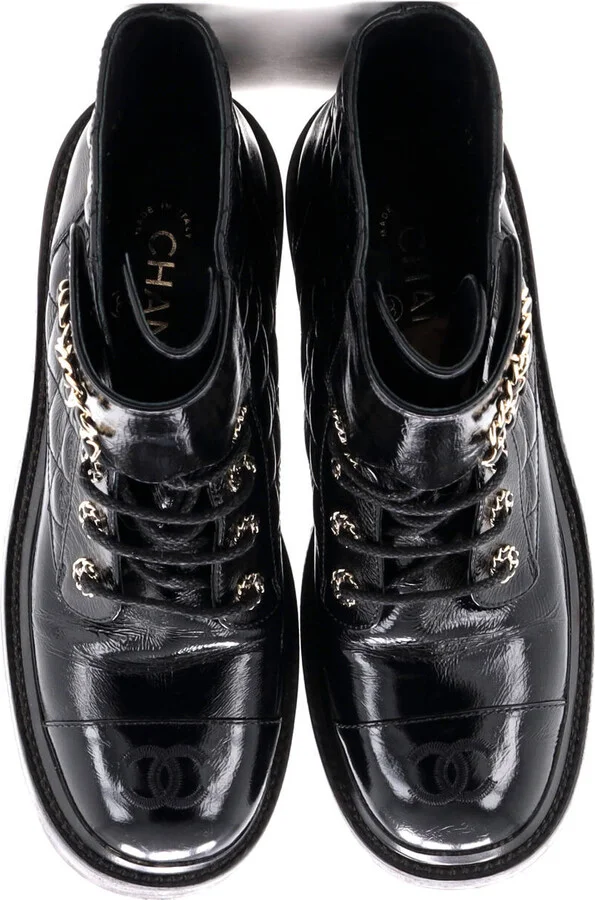 CHANEL Women's Chain CC Cap Toe Lace Up Combat Boots Quilted Shiny Calfskin - Image 2