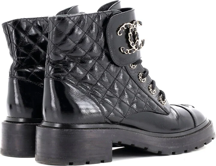 CHANEL Women's Chain CC Cap Toe Lace Up Combat Boots Quilted Shiny Calfskin - Image 3