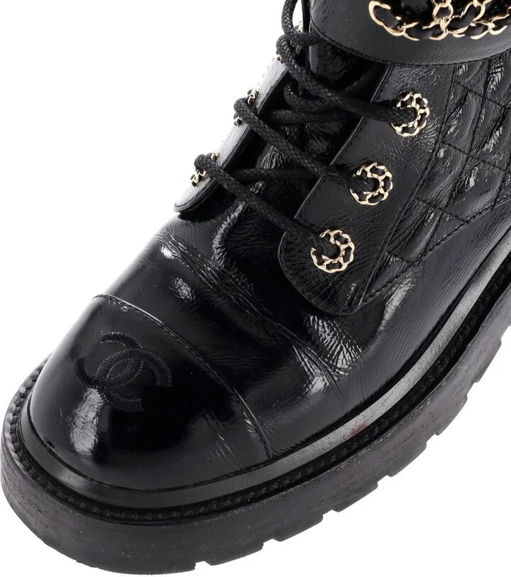 CHANEL Women's Chain CC Cap Toe Lace Up Combat Boots Quilted Shiny Calfskin - Image 5