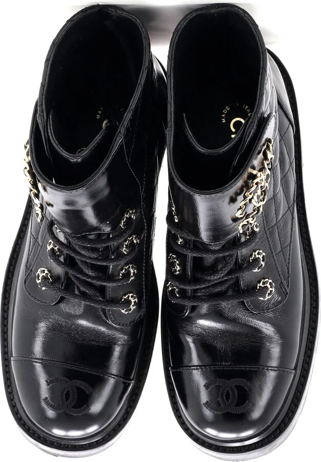 CHANEL Women's Chain CC Cap Toe Lace Up Combat Boots Quilted Shiny Calfskin - Image 2