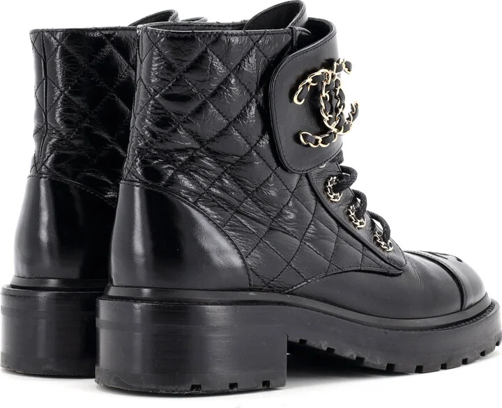 CHANEL Women's Chain CC Cap Toe Lace Up Combat Boots Quilted Shiny Calfskin - Image 3