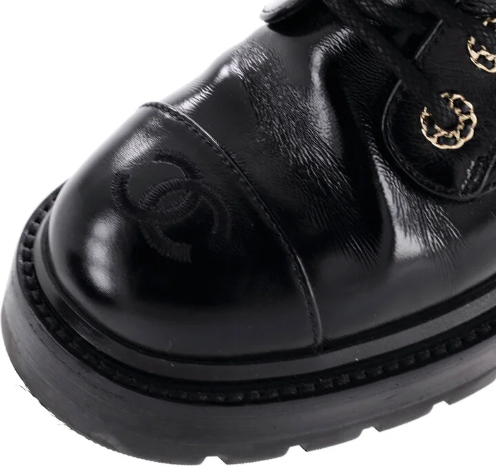 CHANEL Women's Chain CC Cap Toe Lace Up Combat Boots Quilted Shiny Calfskin - Image 5