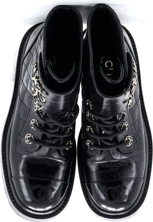 CHANEL Women's Chain CC Cap Toe Lace Up Combat Boots Quilted Shiny Calfskin - Image 2