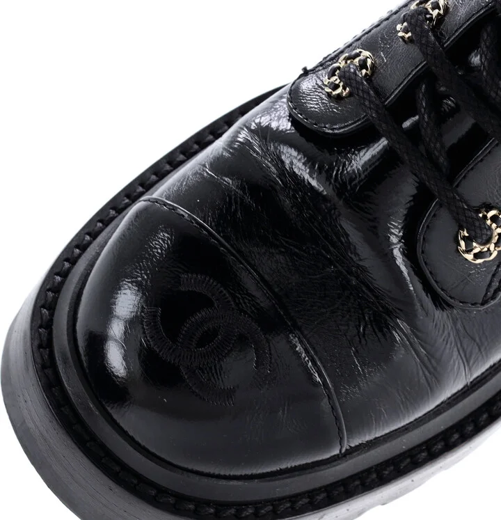 CHANEL Women's Chain CC Cap Toe Lace Up Combat Boots Quilted Shiny Calfskin - Image 5