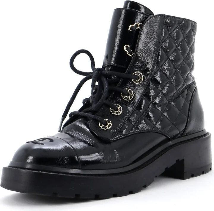 CHANEL Women's Chain CC Cap Toe Lace Up Combat Boots Quilted Shiny Calfskin